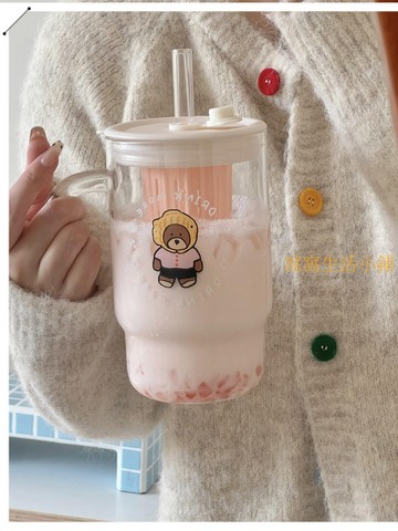 玻璃杯 玻璃水壺  BOLIMEI大容量水杯玻璃杯學生黨ins風喝水杯子帶蓋女生吸管杯子