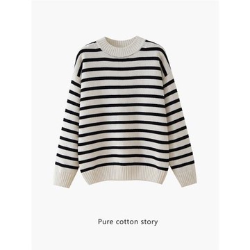 歐單新貨 100%全棉 黑白條紋中領毛衣女士秋冬套頭針織衫 寬松型