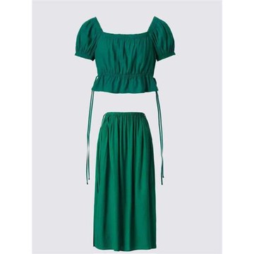 Unli Kely 春夏辣妹風抽褶方領泡泡袖短襯衫上衣時尚半身裙套裝女