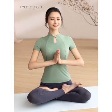 美愫中式瑜伽服帶胸墊女高端氣質運動短袖國風瑜珈健身上衣t恤衫