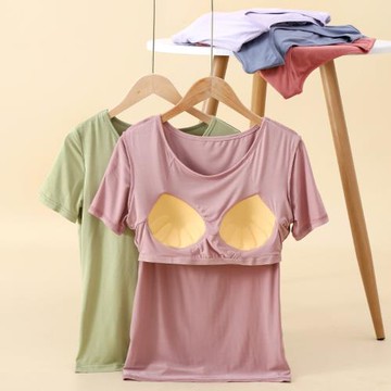 帶胸墊t恤短袖免文胸黑色白色純色夏季莫代爾單件上衣家居服睡衣