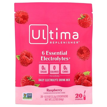 Ultima Replenisher, 6 種必需電解質，日常電解質混合飲品，樹莓味，20 條，每條 0.11 盎司（3.2 克）