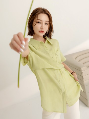 翻領開釦造型綁帶長版襯衫