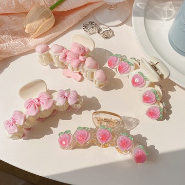 粉色少女抓夾發夾可愛蝴蝶結水蜜桃小熊夾子頭飾后腦勺鯊魚發抓女