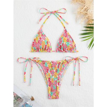 褶皺印花三點式比基尼系帶掛脖三角包分體泳衣歐美網紅泳裝bikini