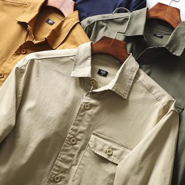 試衣間尾料！全棉沙卡面料 秋季男士時尚簡約工裝口袋襯衫襯衣