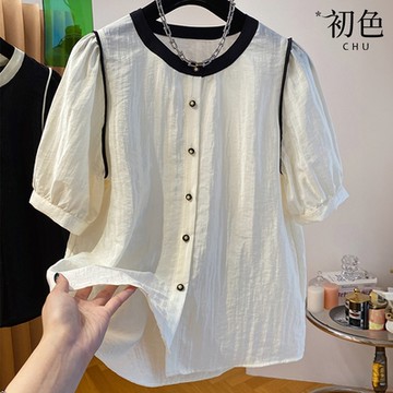 初色 撞色拼接圓領泡泡袖短袖寬鬆薄款襯衫上衣女上衣-共2色-37403(M-2XL可選)