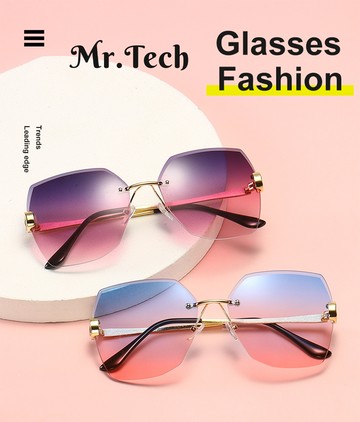 MR.TECH 米特克 UV400太陽眼鏡時尚男女中性大框墨鏡(鑲鑽合金幾何切割框WE-S31264-多色選) 紫橙粉漸層