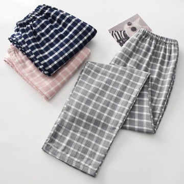 格子睡褲男女秋冬季純棉紗布雙層加厚寬松大碼條紋情侶家居褲長褲