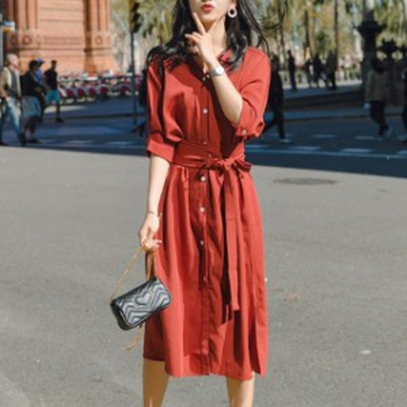 オススメ 新作 夏 ワンピース シャツワンピ 膝下丈 リボン 七分丈 Vネック フェミニン ガーリー Hf 通販 Lineポイント最大1 0 Get Lineショッピング