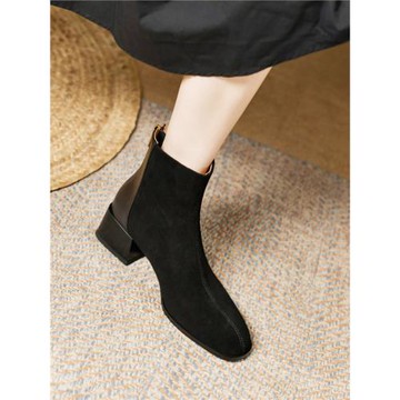 法式氣質磨砂方頭及踝靴羊皮翻毛皮短靴中跟粗跟女士加絨工作鞋子