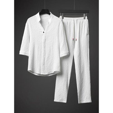 中國風超薄五分袖冰絲亞麻套裝男夏季大碼寬松中袖T恤棉麻兩件套