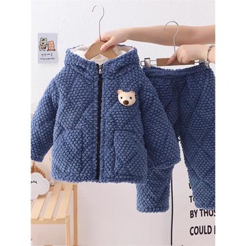 男童睡衣冬季法蘭絨兒童珊瑚絨加絨加厚女孩男孩拉鏈款家居服套裝