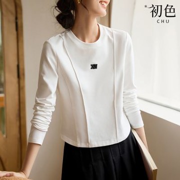 初色 純色刺繡印花圓領設計長袖T恤上衣-白色-30234(M-2XL可選)