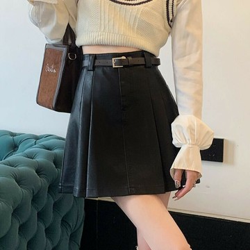 高腰黑色皮裙半身裙子女春鞦裝時尚a字百褶短裙收身顯瘦