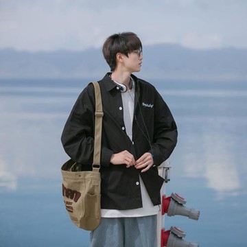 cityboy襯衫男日系簡約字母刺繡上衣ins潮流寬松外套春季長袖襯衣