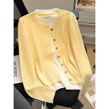 清倉撿漏~春秋拼色圓領假兩件針織開衫女設計感軟糯減齡毛衣外套