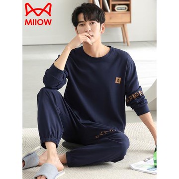 貓人睡衣男士春秋款秋季純棉長袖家居服加大碼全棉可外穿薄款套裝