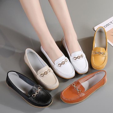 真皮平底女鞋圓頭媽媽鞋透氣豆豆鞋軟底輕便女士單鞋牛筋底護士鞋