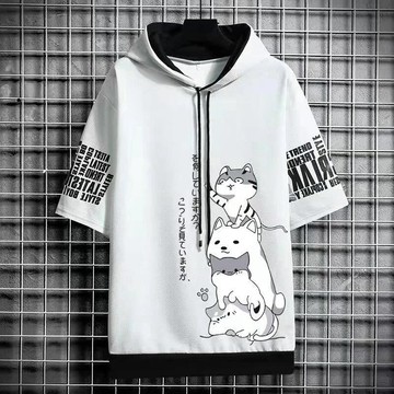 【衣時尚】男士夏季薄款短袖帽T 大學T 春夏新款寬鬆休閒潮男印花短袖帽T 百搭連帽短T恤 寬鬆短袖連帽T男 韓版短帽T