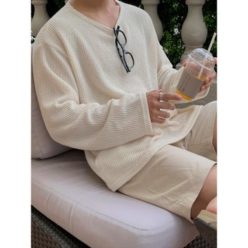 MRCYC夏季薄款純色長袖T恤男老錢風寬松防曬衣韓系通勤圓領上衣潮