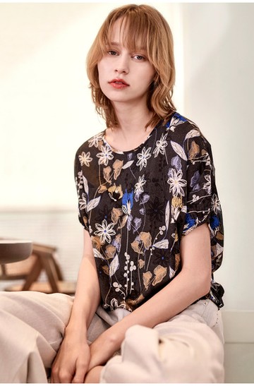 復古黑白花蓬袖上衣