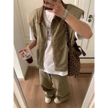 美式潮牌復古牛仔背心夾克男夏季廓形寬松搭配設計感坎肩無袖馬甲
