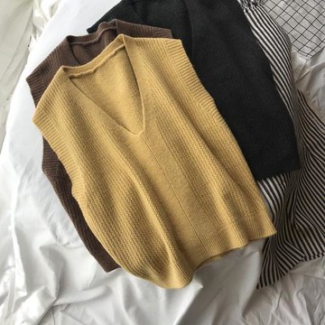 店主推薦~秋冬復古針織外穿背心女寬松V領純色大碼無袖坎肩馬甲