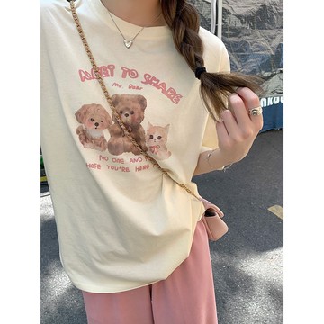 韓版純棉圓領寬鬆T恤 可愛卡通小熊 短袖T恤 落肩 短t 中長版T恤 短袖上衣女 寬鬆上衣 棉t 韓國T恤 休閒女生短袖