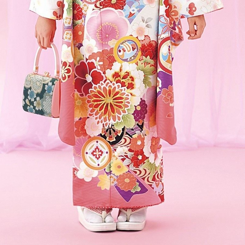 四つ身セット ぼたん柄 ピンク 七五三 7歳 正絹 友禅 花柄ピンク