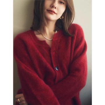 重磅輕奢100 山羊絨開衫女紅色純羊絨毛衣外套針織衫寬松秋冬新款