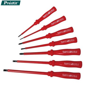 台灣寶工ProsKit經濟款GSGS認證耐高壓1000V絕緣起子組8PK-8100E(7支,磁性一字十字起子;鎳鉻鉬合金鋼桿;符合IEC60900)
