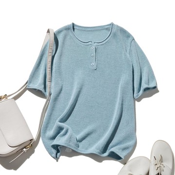 和紙紗線的清爽觸感 展現立體領型的短袖針織衫 藍色 250607-2