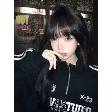 【半拉鍊立領】慵懶風衛衣 女裝上衣 半拉鍊立領 無帽 黑色 春季 新款 oversize 美式高街 潮牌 長袖上衣