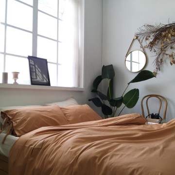 雙人新款單色100%有機棉特大床包枕套組 暖米色