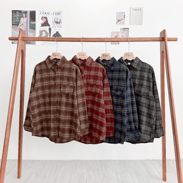 【Fee隔日到貨4色新品】翻領磨毛毛呢格紋口袋襯衫🔥格紋襯衫 長袖襯衫 日系襯衫 日系服飾 日系女裝 日系上衣 磨毛上衣