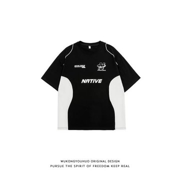 悟空有貨夏季潮牌字母印花拼色短袖T恤男寬松百搭機車服休閑體恤