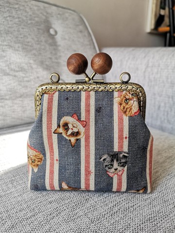 貓咪布藝 原木珠口金 收納包/零錢包