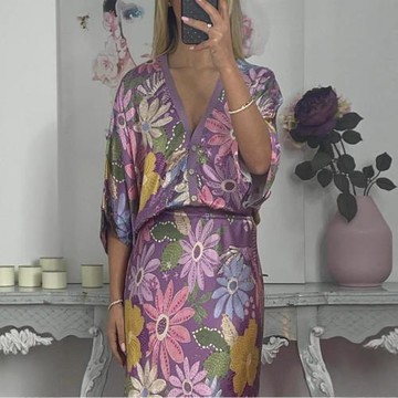 2025歐美跨境氣質家居緞面印花短袖+包裙