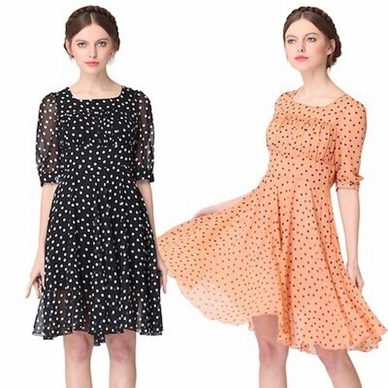 レトロドットのシフォンワンピース 大きいサイズ 夏服 スクエアネック レディース タック 五分袖 通販 Lineポイント最大1 0 Get Lineショッピング