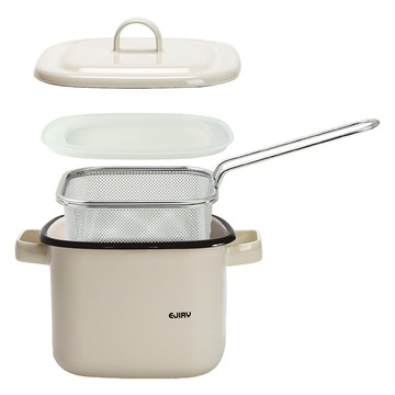 EJIRY Remo系列 電磁爐適用 琺瑯方形鍋+炸網組 14cm 奶油象牙白  Prim Ivory  1組