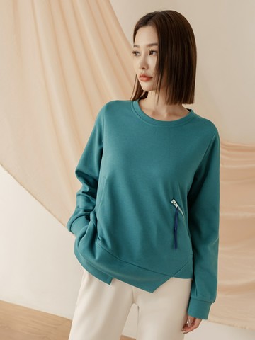 不規則下襬造型口袋圓領長袖上衣