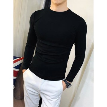 韓版修身圓領長袖t恤男秋冬純色加絨加厚休閑百搭緊身打底衫上衣