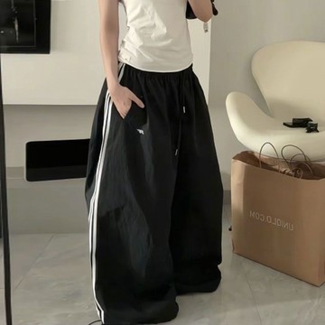 【防水快乾】復古美式三條槓寬腳慵懶寬鬆跳舞運動休閒褲 YC002