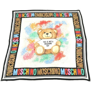 MOSCHINO 泰迪熊白底渲染彩色字母黑框純絲方巾/披巾(90CM)