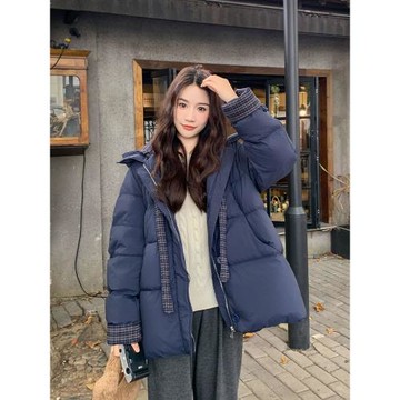 深藏藍色飄帶格紋短款羽絨服2025新款女冬設計感超好看面包服外套
