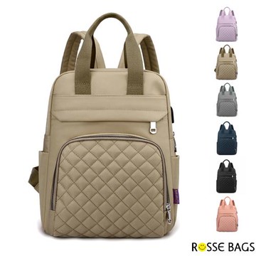 【Rosse Bags】外出實用純色質感尼龍菱格雙肩包(現+預  藍色／卡其色／灰色／粉色／黑色／紫色)