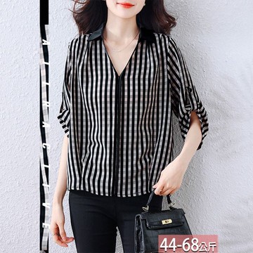 翻領雙色格紋壓褶反褶袖上衣 M-2XL【335114X】【現+預】☆流行前線☆