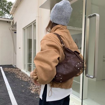 甜酷風光澤感皮革兩用腋下包 摩卡咖