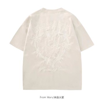 From Mars 動人心弦 歐美復古麂皮絨愛心刺繡短袖寬松百搭圓領T恤